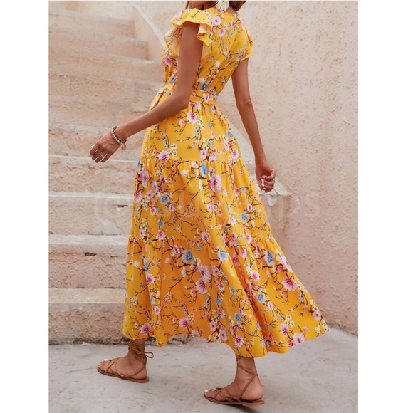 Floral Dress Surplice Overlapping V Neck Fit & Flare Maxi Long Yellow Tie Belt - Picture 3 of 8